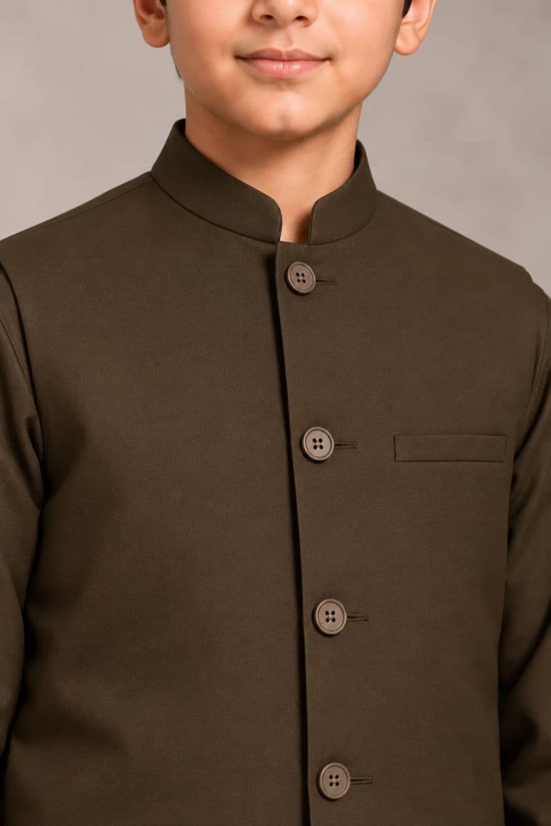 Boys Kameez Shalwar & Waistcoat Combo – light olive thumbnail