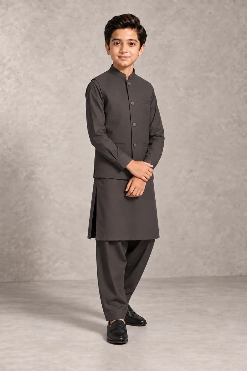 Boys Kameez Shalwar & Waistcoat Combo – charcoal thumbnail