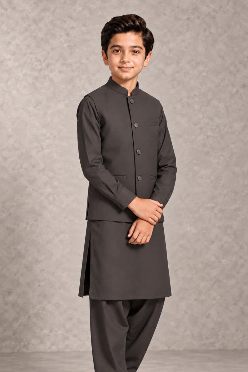 Boys Kameez Shalwar & Waistcoat Combo – charcoal thumbnail