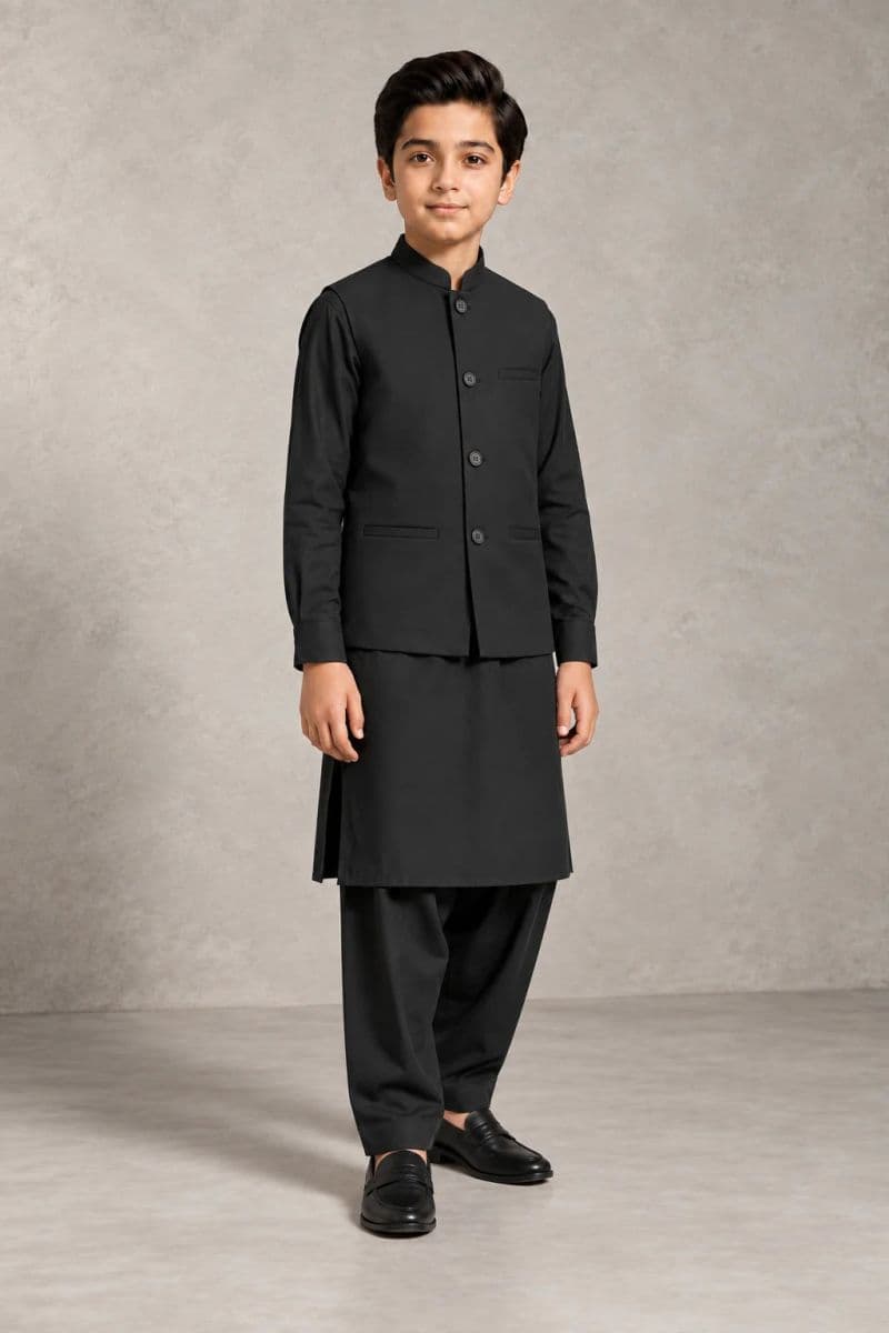 Boys Kameez Shalwar & Waistcoat Combo – BLACK thumbnail