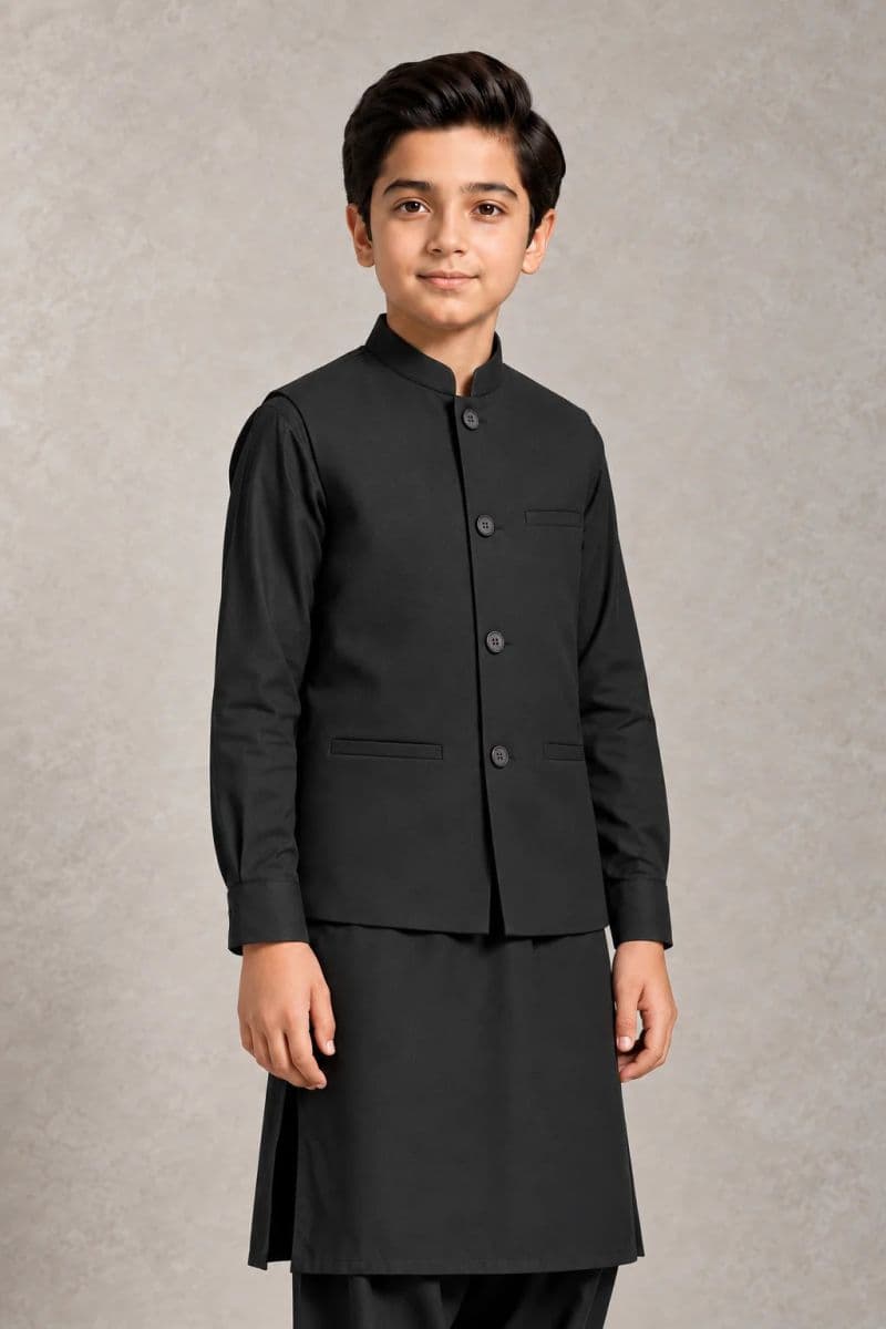 Boys Kameez Shalwar & Waistcoat Combo – BLACK thumbnail