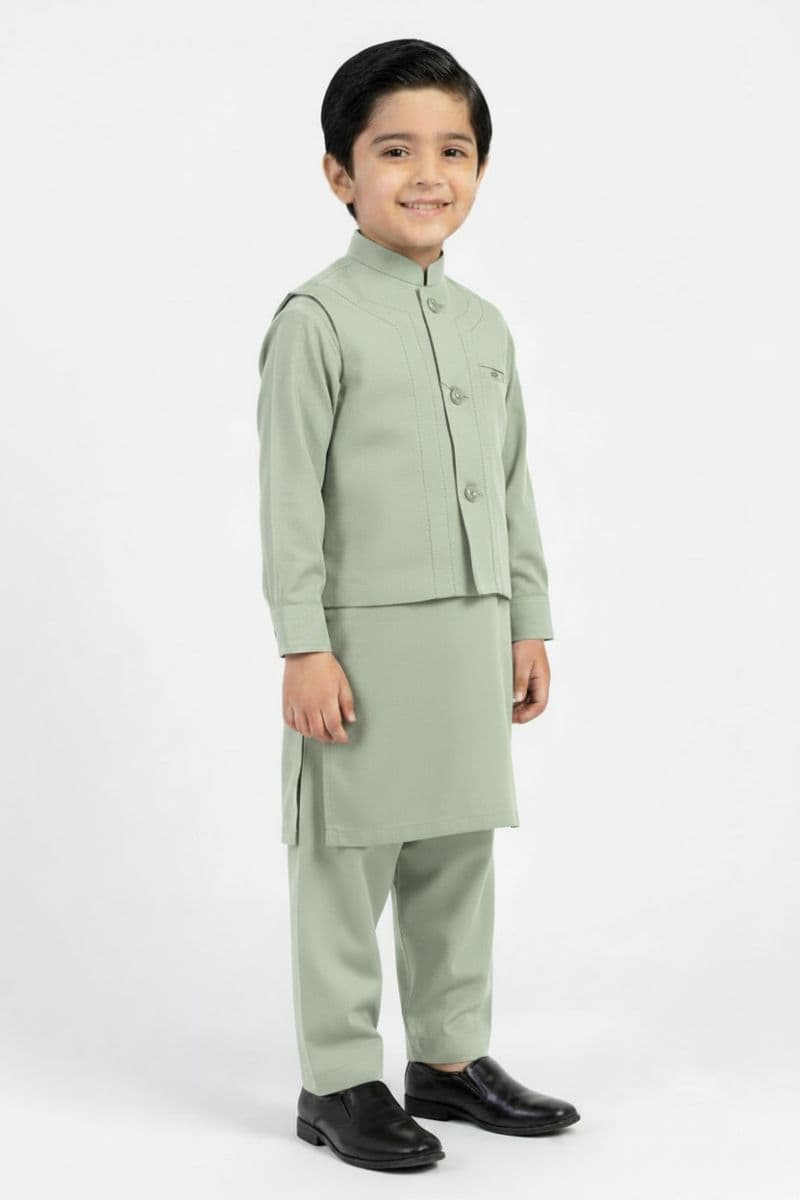 Boys Kameez Shalwar & Waistcoat Combo – LIGHT OLIVE thumbnail