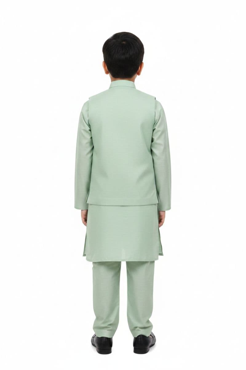 Boys Kameez Shalwar & Waistcoat Combo – LIGHT OLIVE thumbnail