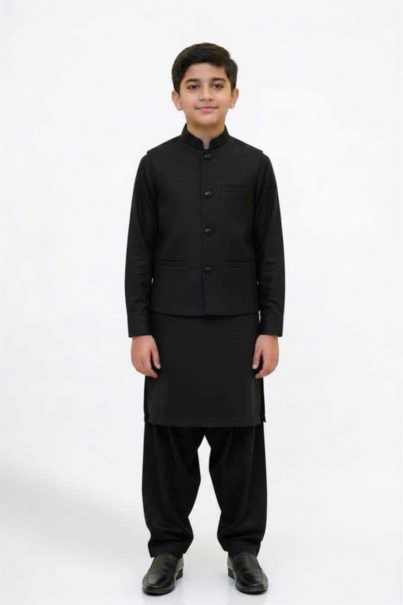 Boys Kameez Shalwar & Waistcoat Combo – Black thumbnail