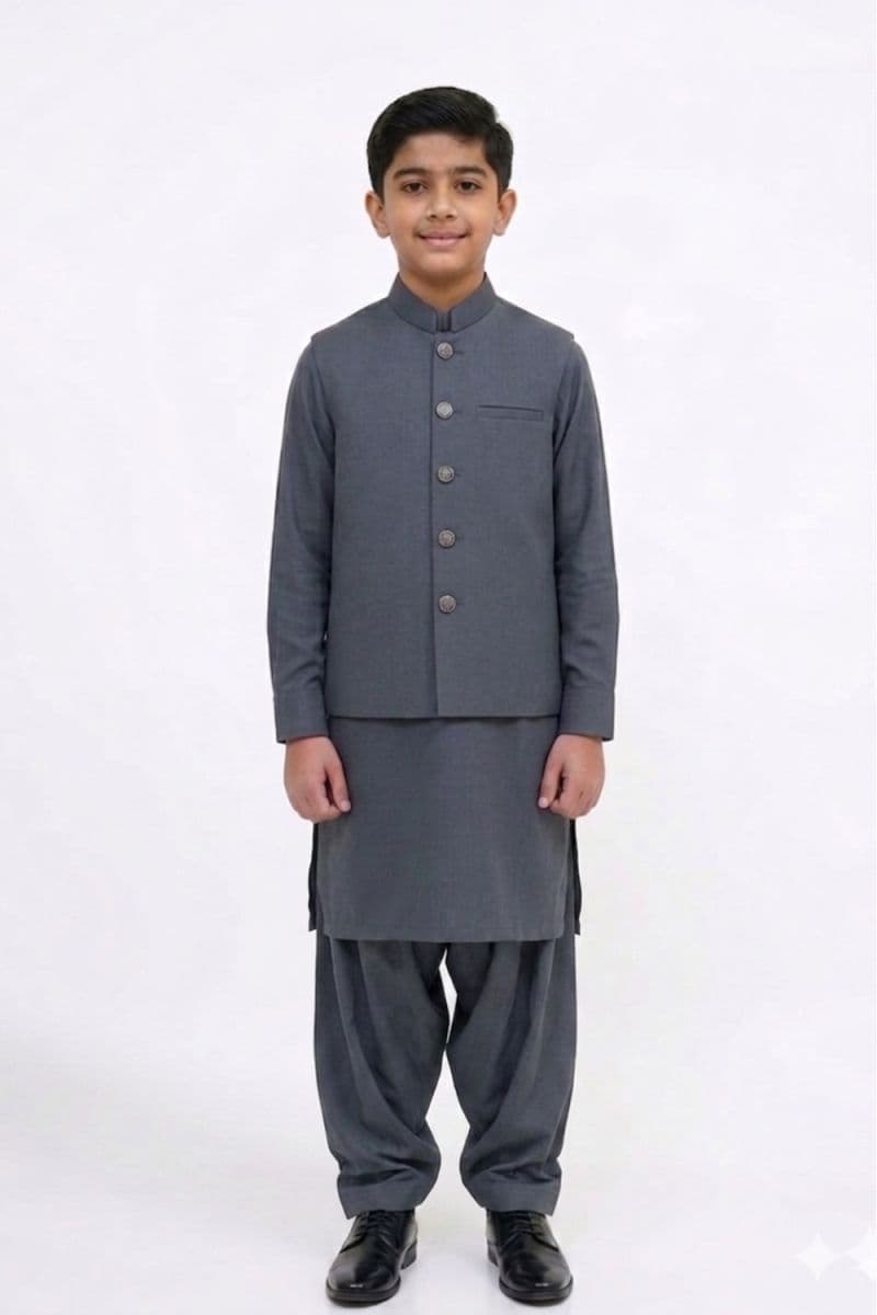 Boys Kameez Shalwar & Waistcoat Combo – DARK GREY thumbnail