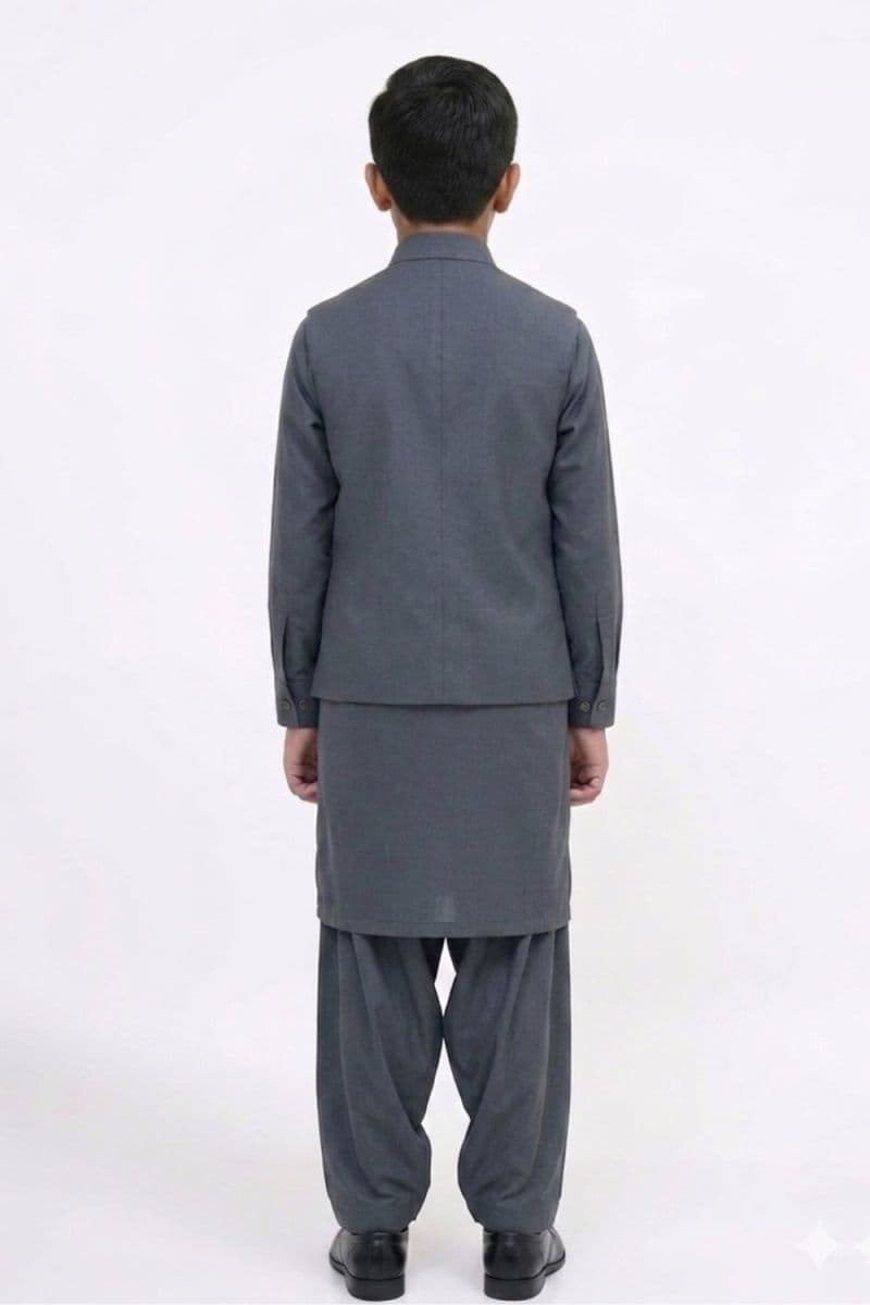 Boys Kameez Shalwar & Waistcoat Combo – DARK GREY thumbnail