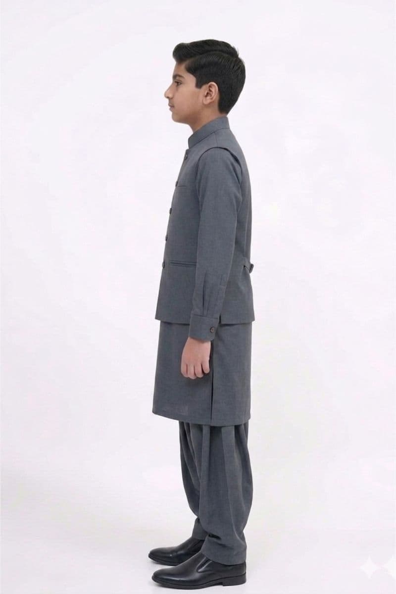Boys Kameez Shalwar & Waistcoat Combo – DARK GREY thumbnail