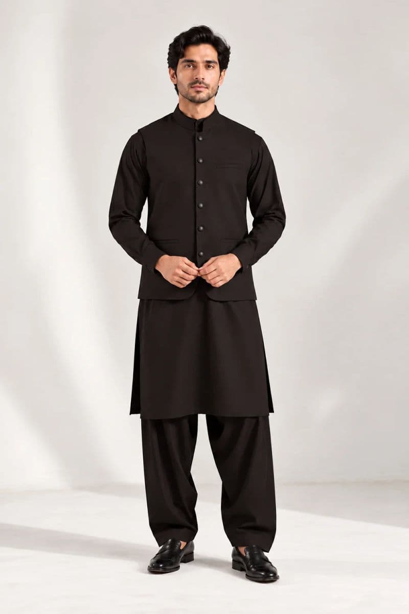 Men's Blended Kameez Shalwar with Waistcoat – charcoal thumbnail