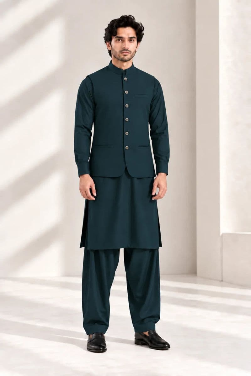Men's Blended Kameez Shalwar with Waistcoat – teal green thumbnail