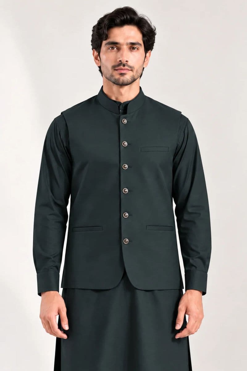 Men's Blended Kameez Shalwar with Waistcoat – DARK GREEN thumbnail