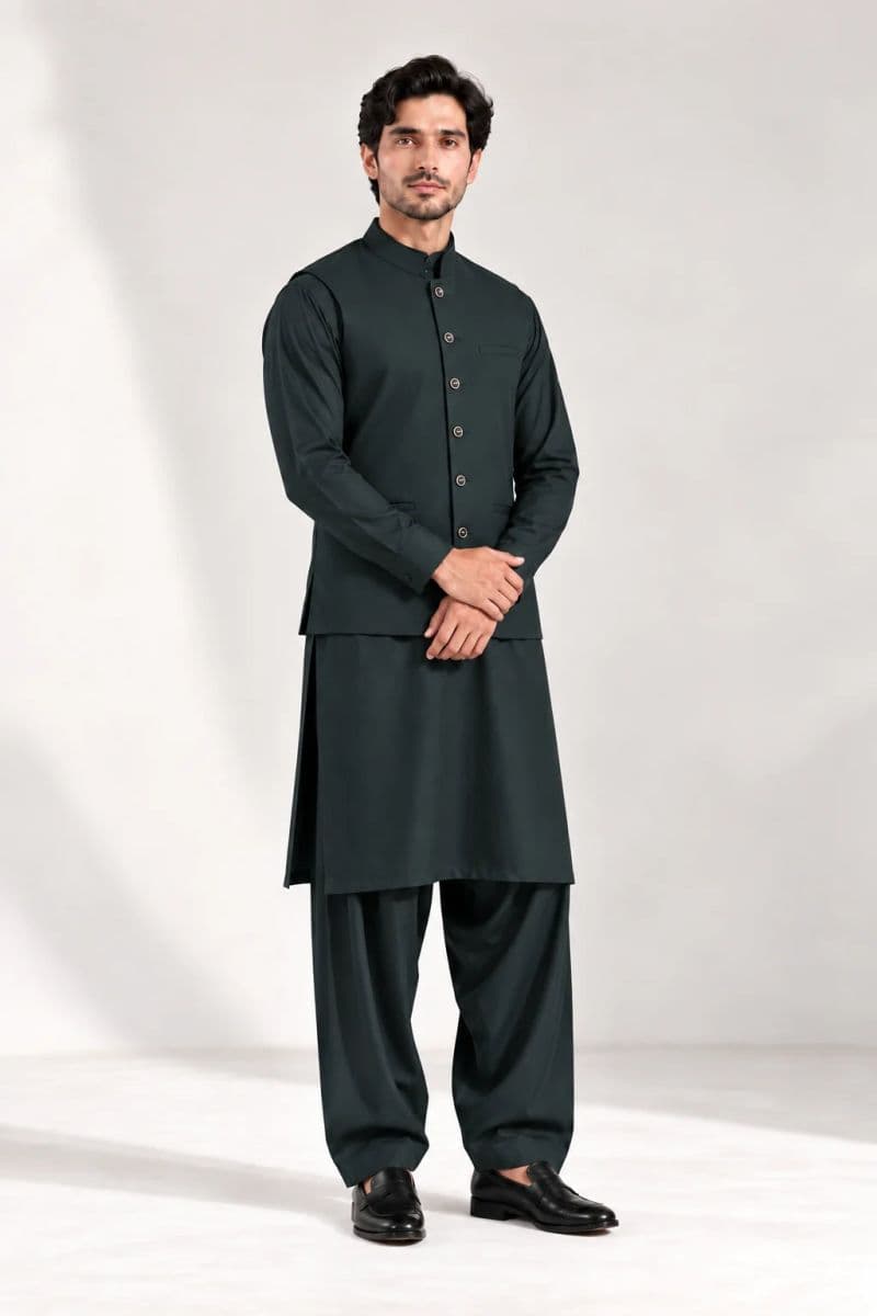 Men's Blended Kameez Shalwar with Waistcoat – DARK GREEN thumbnail