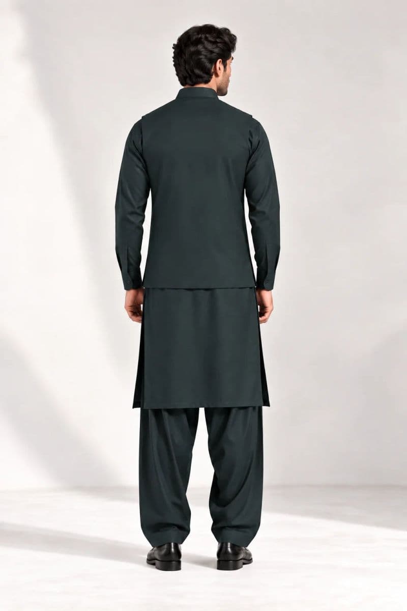 Men's Blended Kameez Shalwar with Waistcoat – DARK GREEN thumbnail