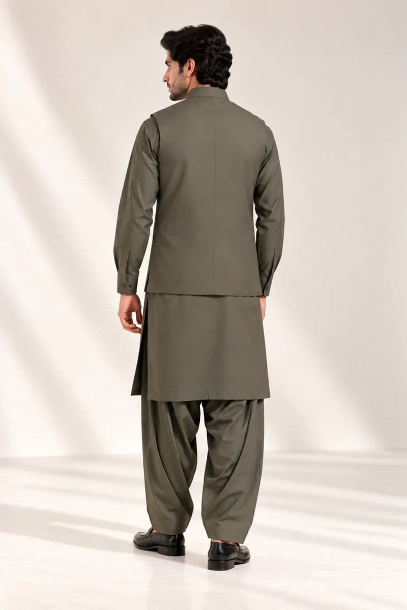 Men's Blended Kameez Shalwar with Waistcoat – OLIVE thumbnail