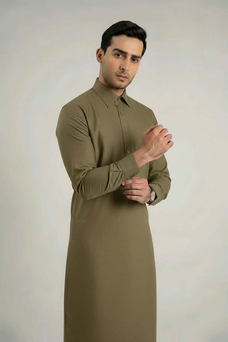 MEN'S BLENDED KAMEEZ SHALWAR – OLIVE thumbnail