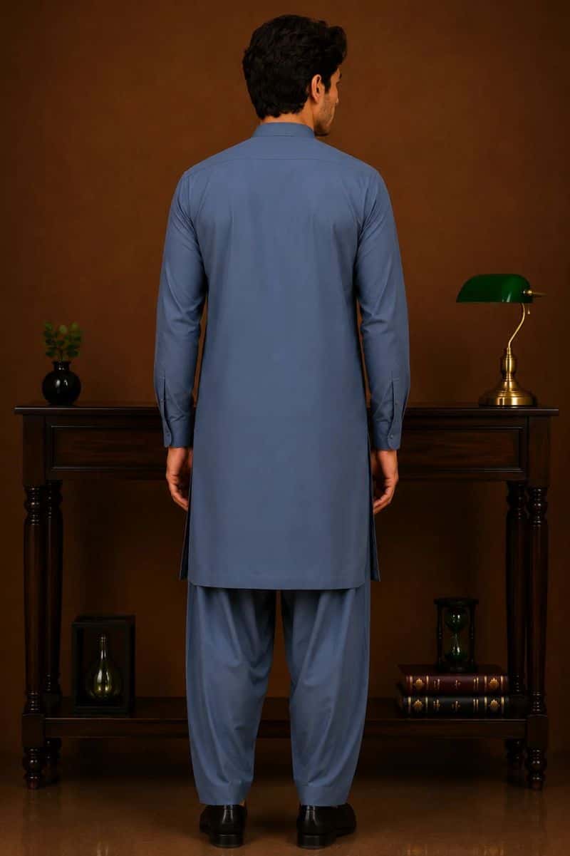 Men's Wash & Wear Kameez Shalwar - Stone Blue - alternate view