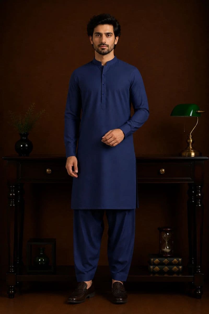 Men’s Classic Blue Kurta Shalwar – Blended Cotton Fabric thumbnail