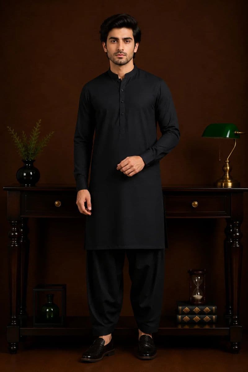 Men’s Classic Black Kurta Shalwar – Blended Cotton Fabric thumbnail