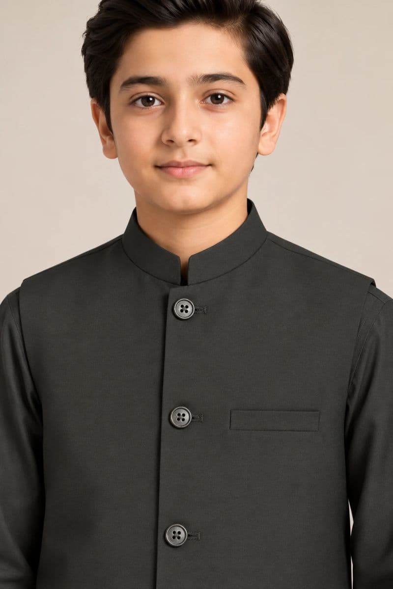 Boys Kameez Shalwar & Waistcoat Combo – dark olive thumbnail