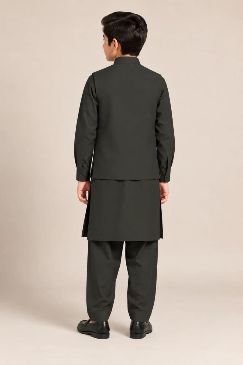 Boys Kameez Shalwar & Waistcoat Combo – dark olive thumbnail