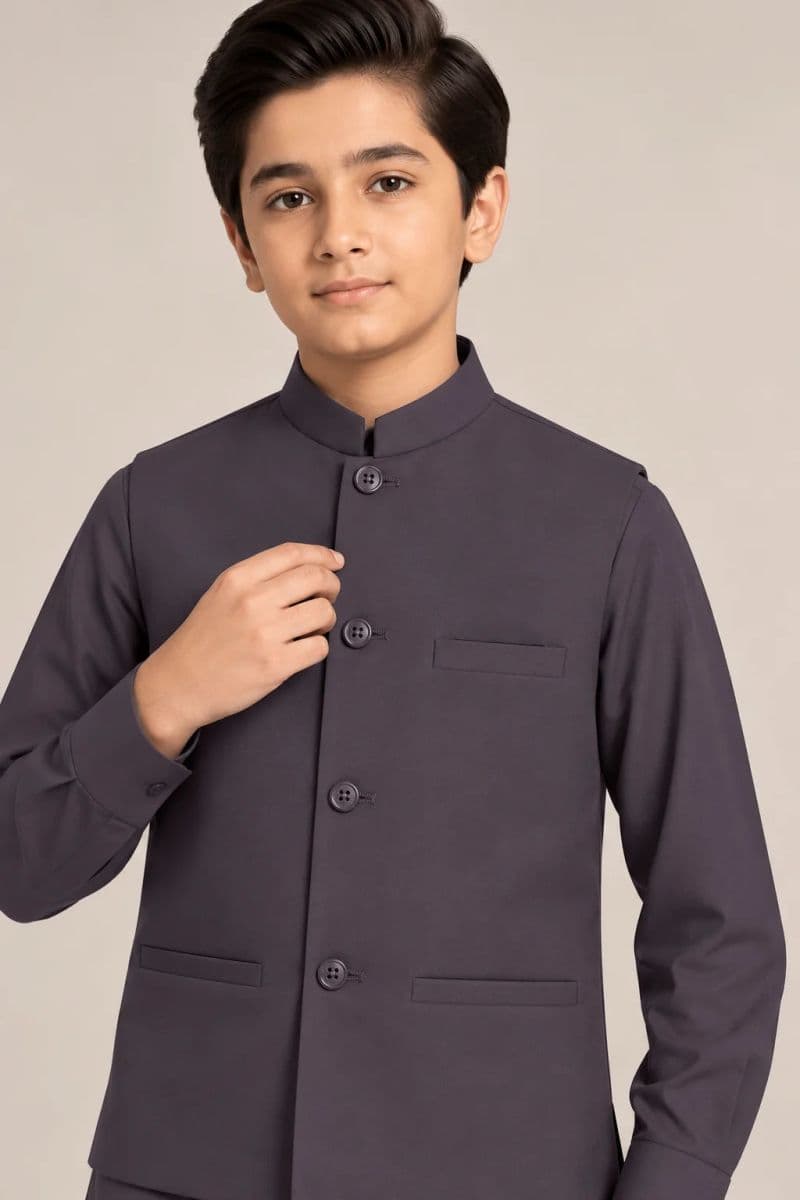 Boys Kameez Shalwar & Waistcoat Combo – charcoal gray thumbnail