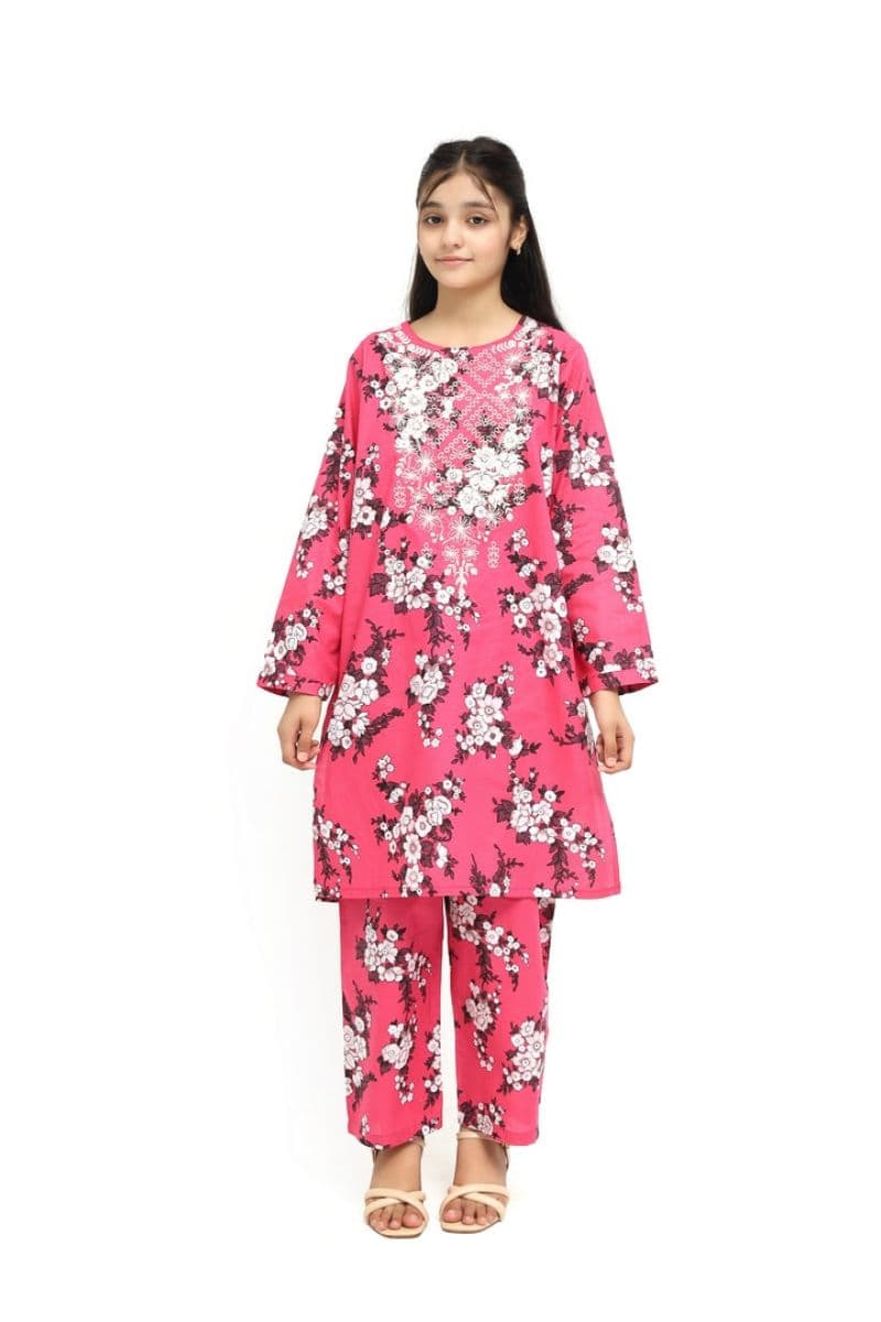 Plum 100% Cotton Lawn Pink Colour Printed White Burgundy Flowers Embroidered White threads On Stitched 2 pc suit for Girls. thumbnail