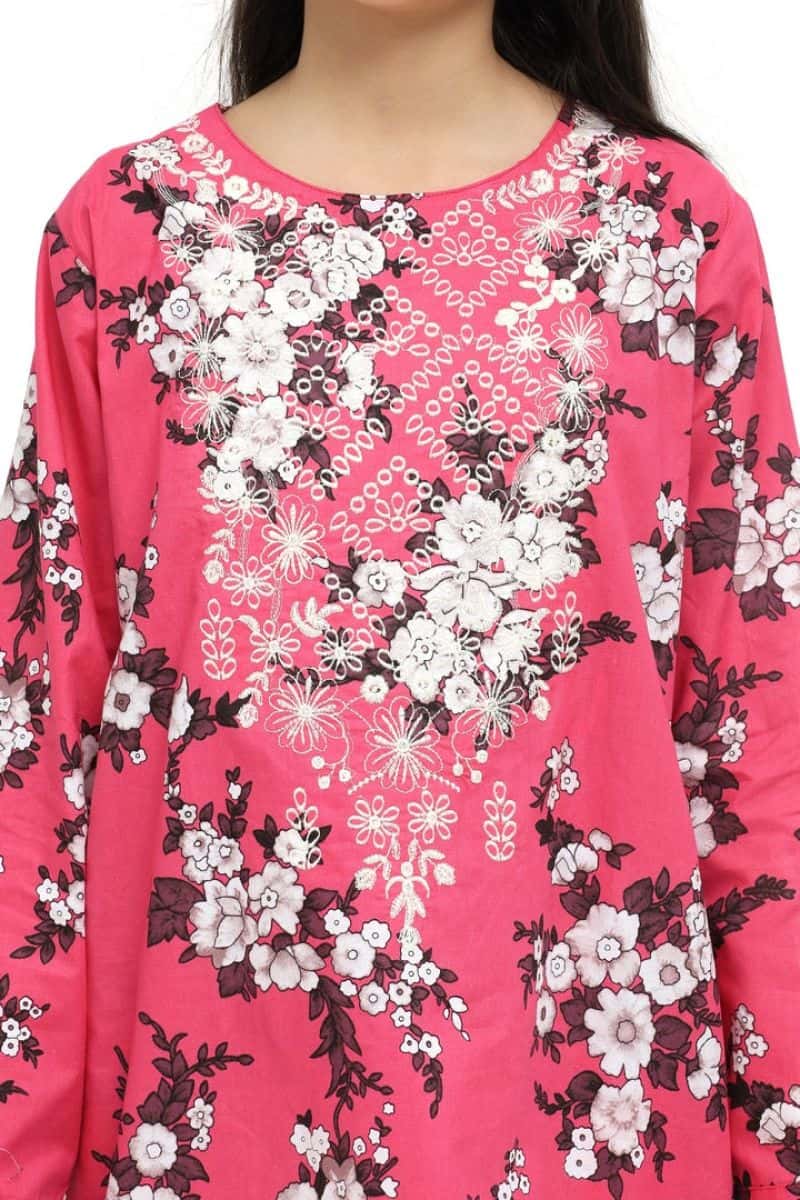 Plum 100% Cotton Lawn Pink Colour Printed White Burgundy Flowers Embroidered White threads On Stitched 2 pc suit for Girls. - alternate view