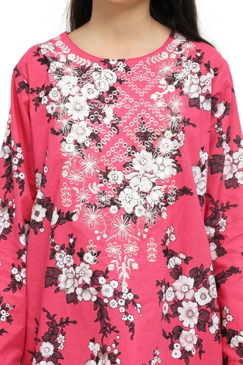 Plum 100% Cotton Lawn Pink Colour Printed White Burgundy Flowers Embroidered White threads On Stitched 2 pc suit for Girls. thumbnail