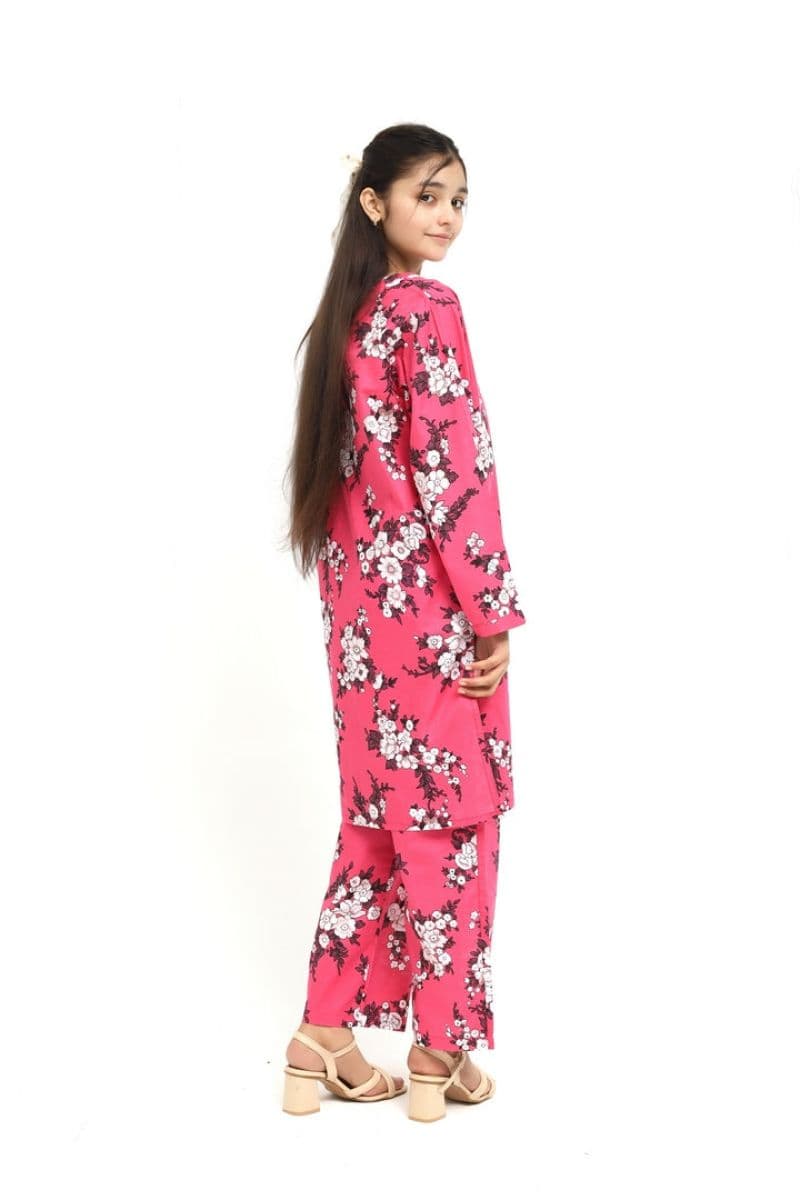 Plum 100% Cotton Lawn Pink Colour Printed White Burgundy Flowers Embroidered White threads On Stitched 2 pc suit for Girls. thumbnail