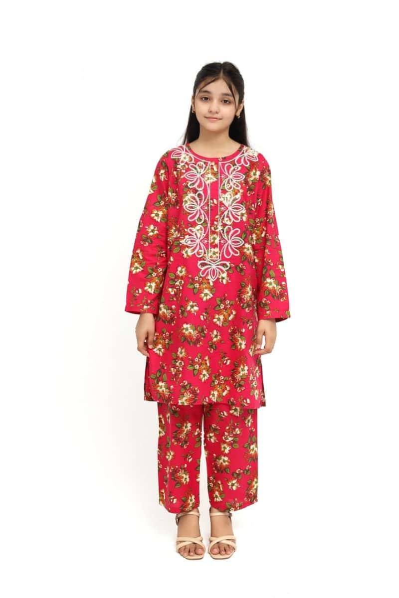Plum 100% Cotton Lawn Reddish Pink Colour Printed White Mustard Green Flowers Embroidered White threads On Stitched 2 pc suit for Girls.