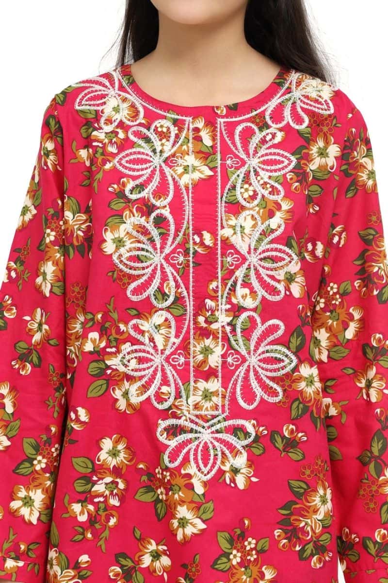 Plum 100% Cotton Lawn Reddish Pink Colour Printed White Mustard Green Flowers Embroidered White threads On Stitched 2 pc suit for Girls. - alternate view
