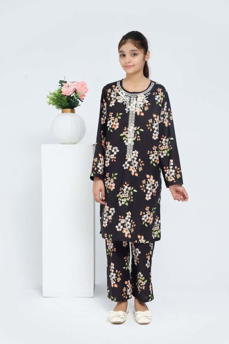 Plum 100% Cotton Lawn Black Colour Printed Almond Biege Flowers Embroidered Off White threads On Stitched 2 pc suit for Girls.