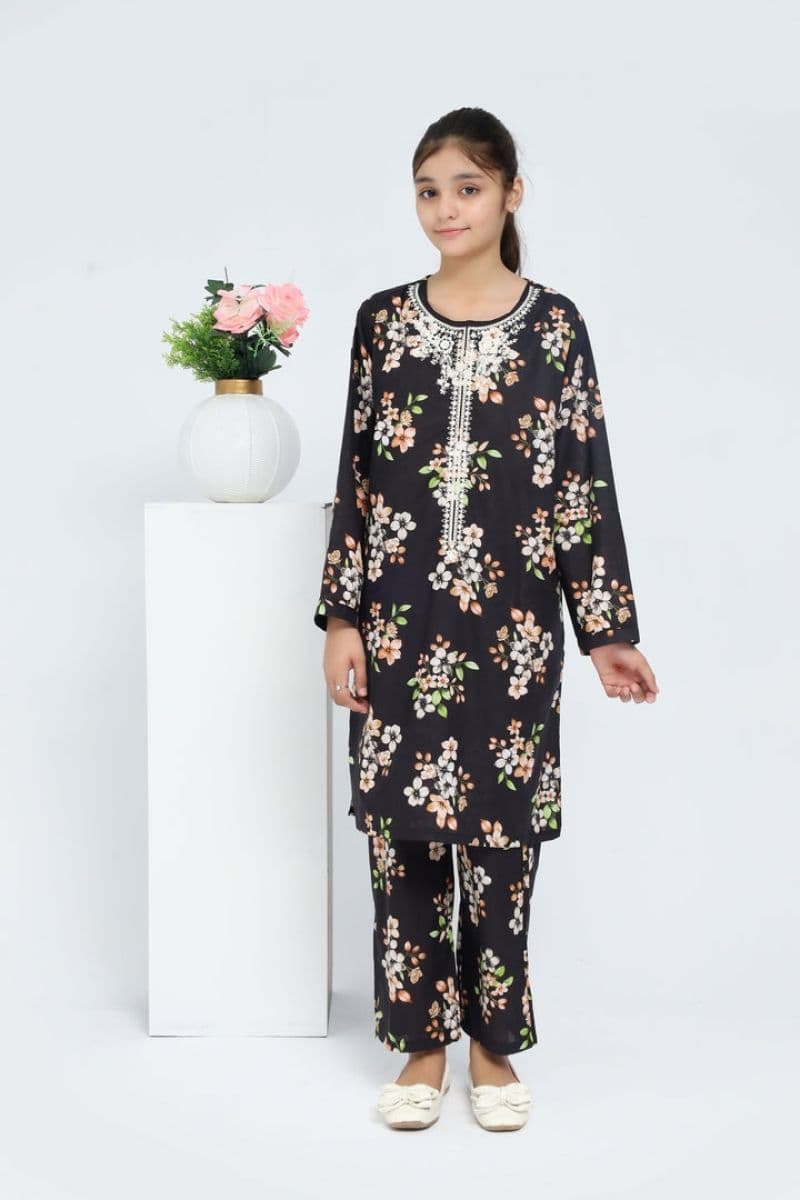 Plum 100% Cotton Lawn Black Colour Printed Almond Biege Flowers Embroidered Off White threads On Stitched 2 pc suit for Girls. thumbnail