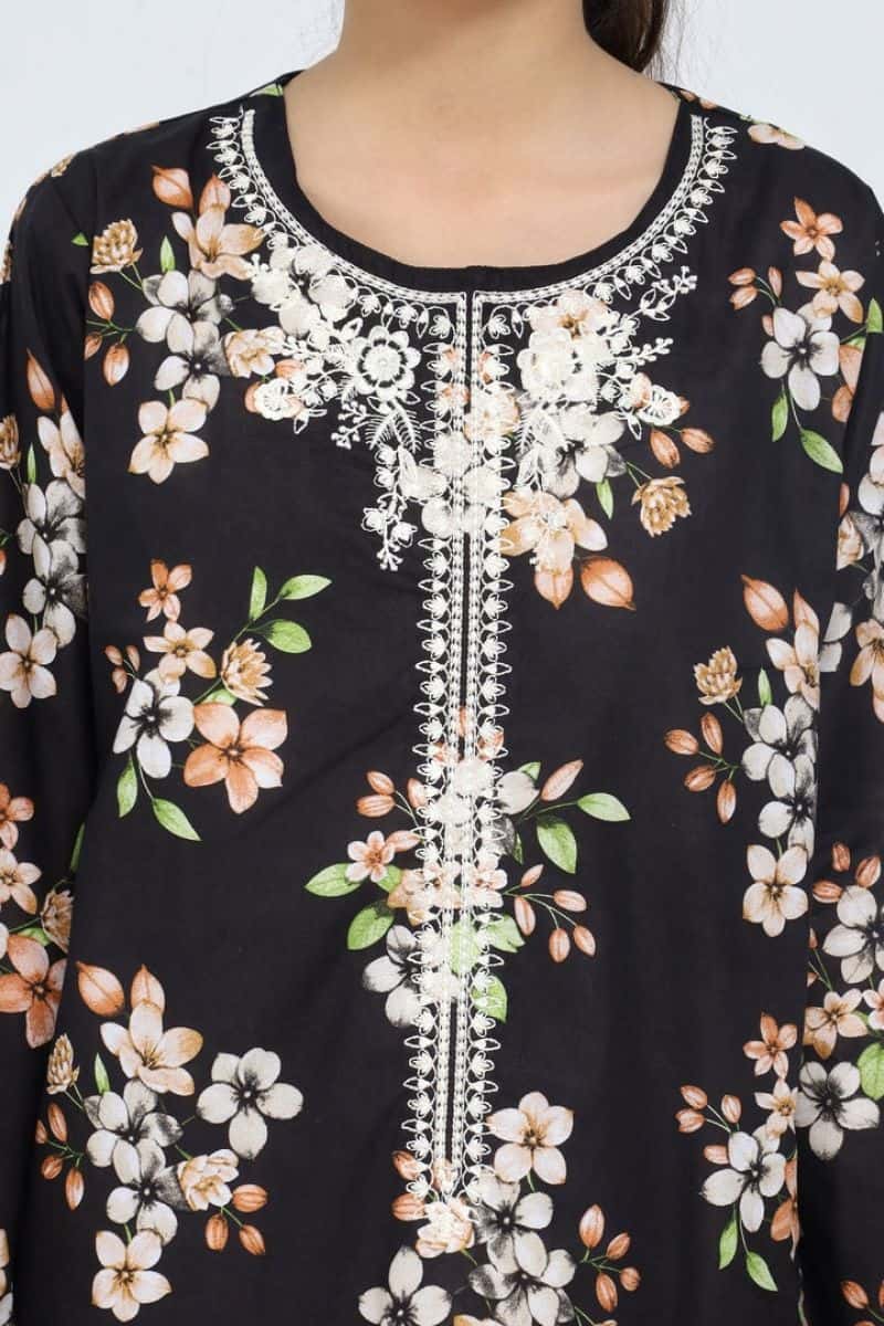 Plum 100% Cotton Lawn Black Colour Printed Almond Biege Flowers Embroidered Off White threads On Stitched 2 pc suit for Girls. - alternate view