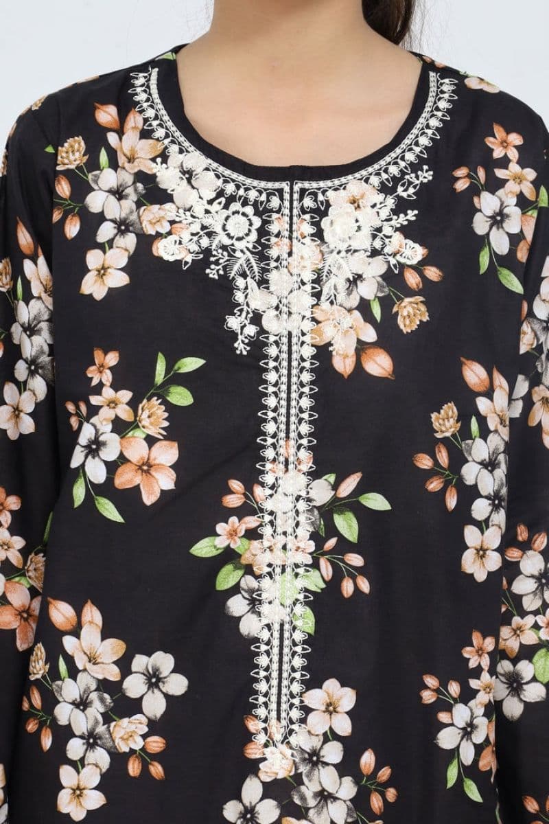 Plum 100% Cotton Lawn Black Colour Printed Almond Biege Flowers Embroidered Off White threads On Stitched 2 pc suit for Girls. thumbnail
