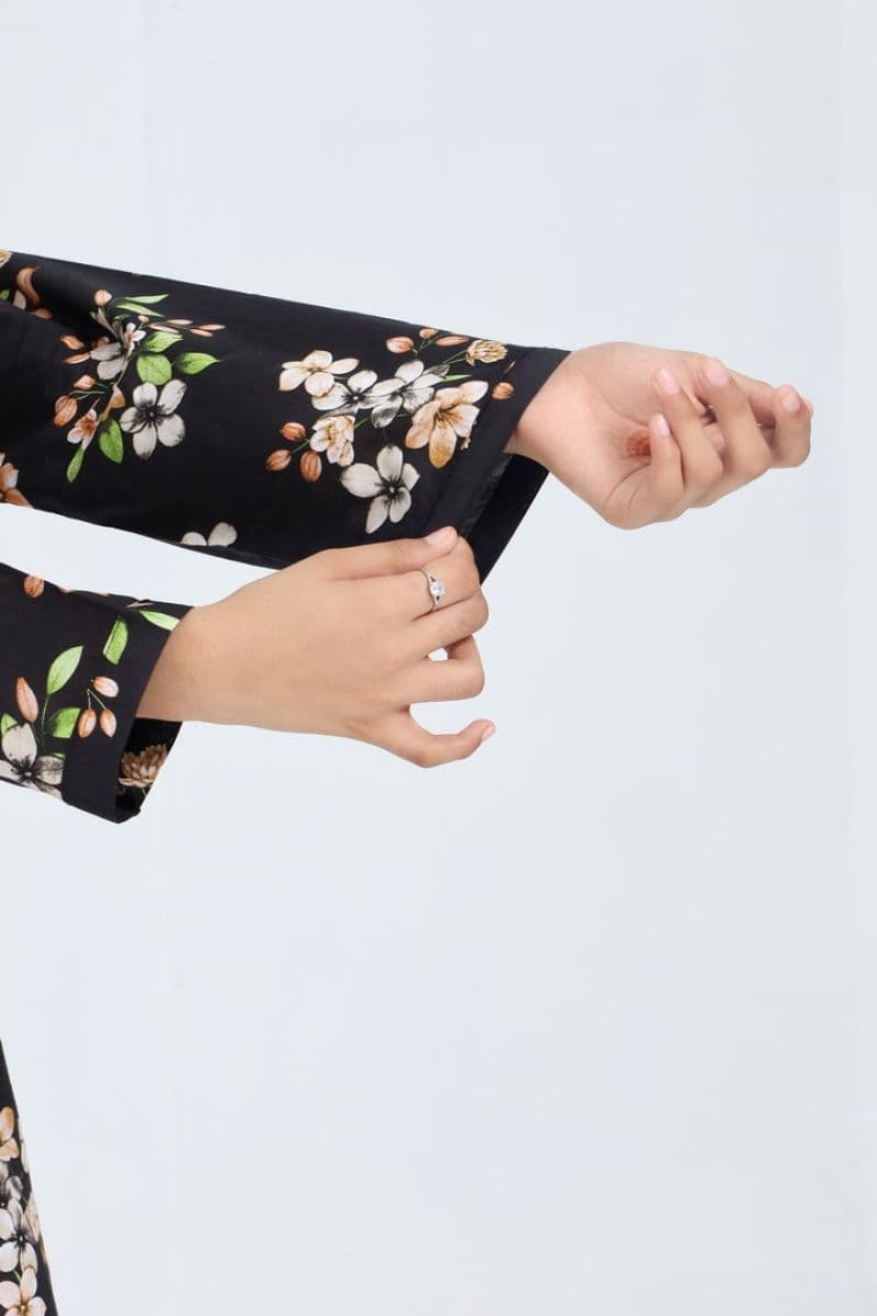 Plum 100% Cotton Lawn Black Colour Printed Almond Biege Flowers Embroidered Off White threads On Stitched 2 pc suit for Girls. thumbnail