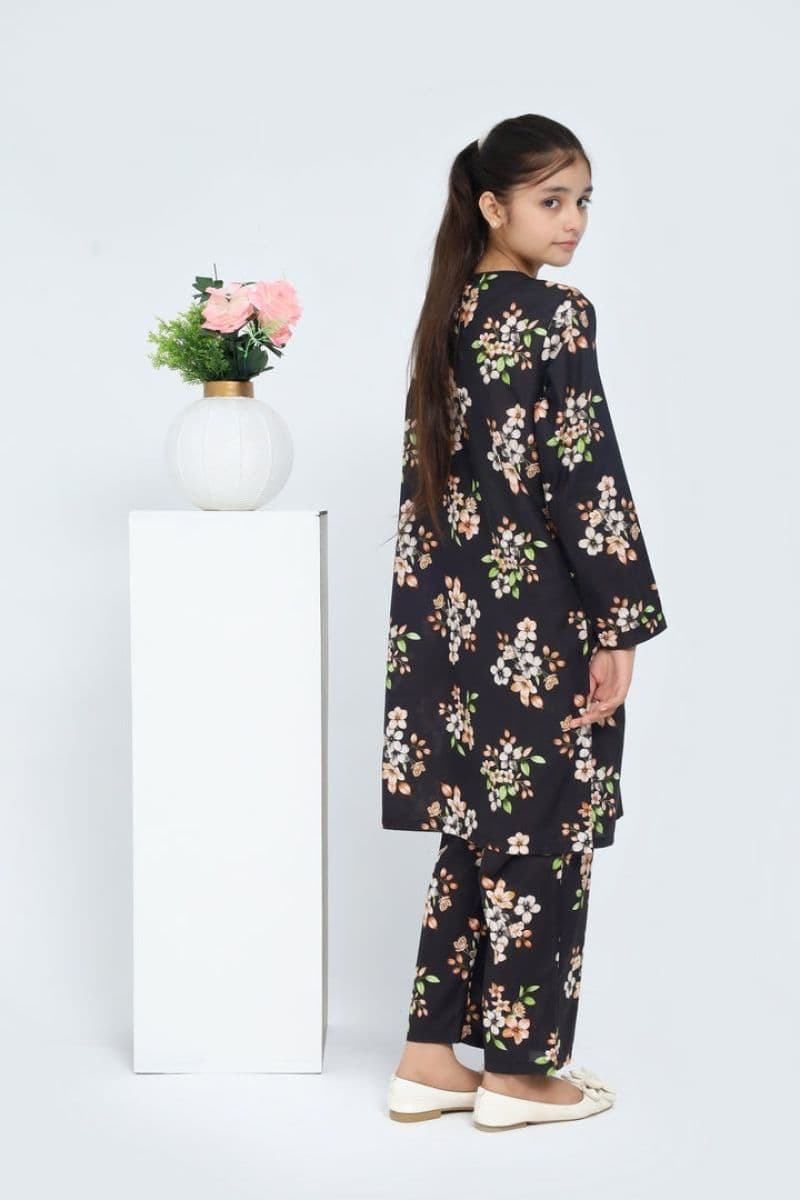 Plum 100% Cotton Lawn Black Colour Printed Almond Biege Flowers Embroidered Off White threads On Stitched 2 pc suit for Girls. thumbnail