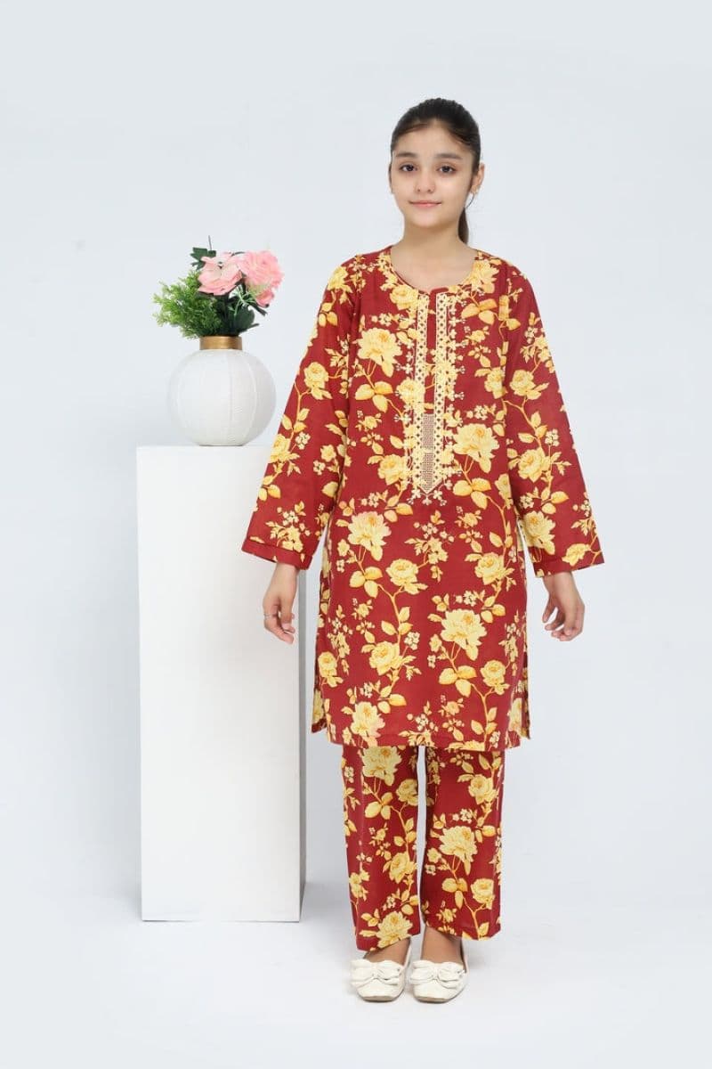 Plum 100% Cotton Lawn Rust Colour Printed Yellow Flowers Embroidered Yellow threads On Stitched 2 pc suit for Girls. thumbnail