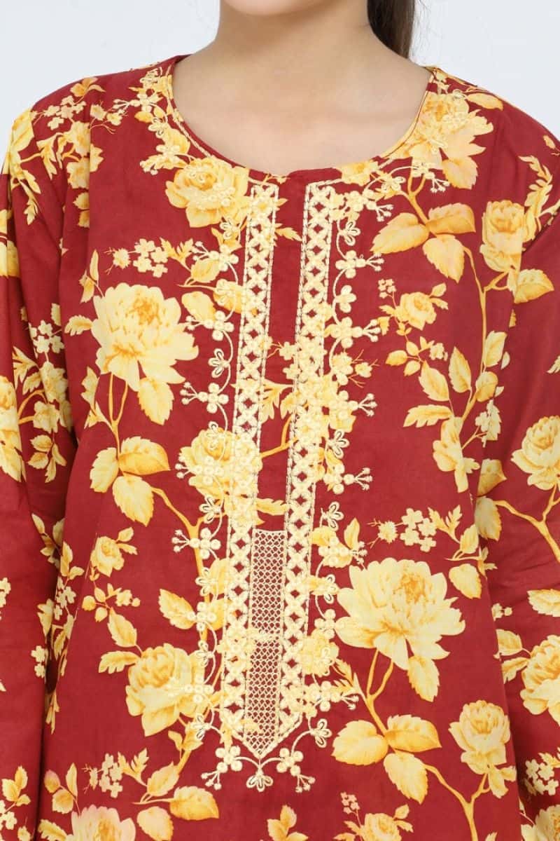 Plum 100% Cotton Lawn Rust Colour Printed Yellow Flowers Embroidered Yellow threads On Stitched 2 pc suit for Girls. - alternate view