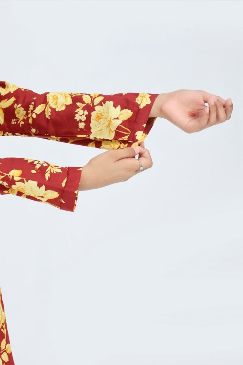 Plum 100% Cotton Lawn Rust Colour Printed Yellow Flowers Embroidered Yellow threads On Stitched 2 pc suit for Girls. thumbnail