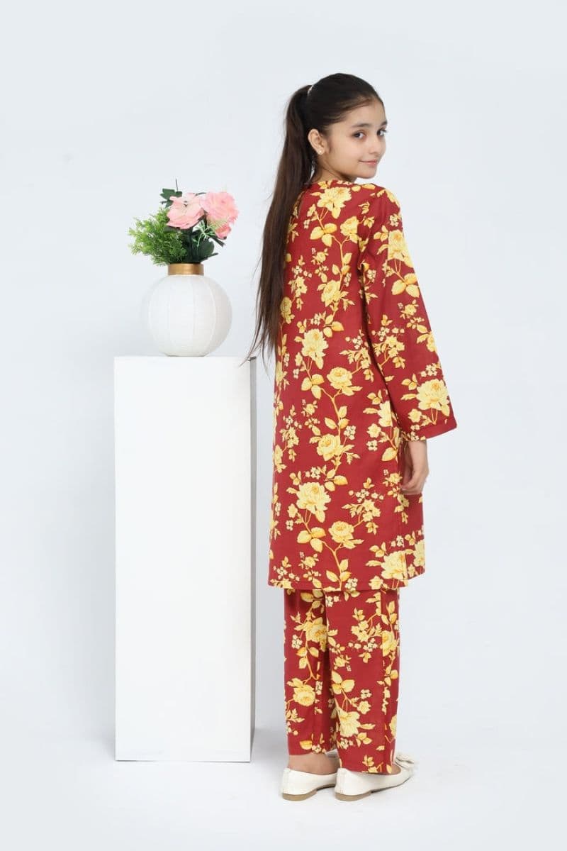 Plum 100% Cotton Lawn Rust Colour Printed Yellow Flowers Embroidered Yellow threads On Stitched 2 pc suit for Girls. thumbnail