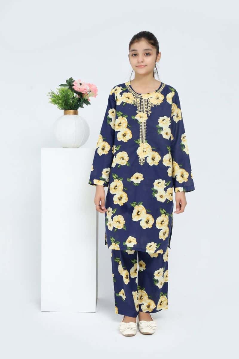 Plum 100% Cotton Lawn Dark Bue Colour Printed Yellow Green Flowers Embroidered Yellow threads On Stitched 2 pc suit for Girls.
