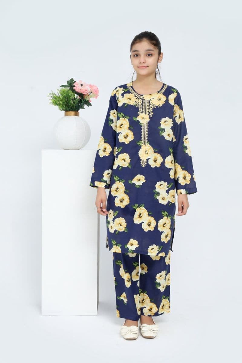 Plum 100% Cotton Lawn Dark Bue Colour Printed Yellow Green Flowers Embroidered Yellow threads On Stitched 2 pc suit for Girls. thumbnail