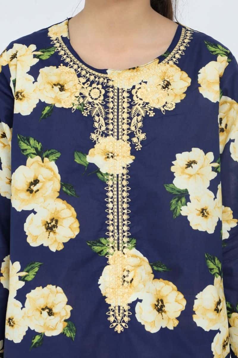 Plum 100% Cotton Lawn Dark Bue Colour Printed Yellow Green Flowers Embroidered Yellow threads On Stitched 2 pc suit for Girls. - alternate view