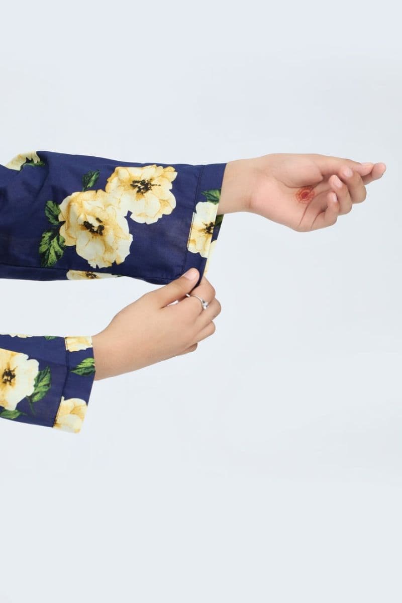 Plum 100% Cotton Lawn Dark Bue Colour Printed Yellow Green Flowers Embroidered Yellow threads On Stitched 2 pc suit for Girls. thumbnail