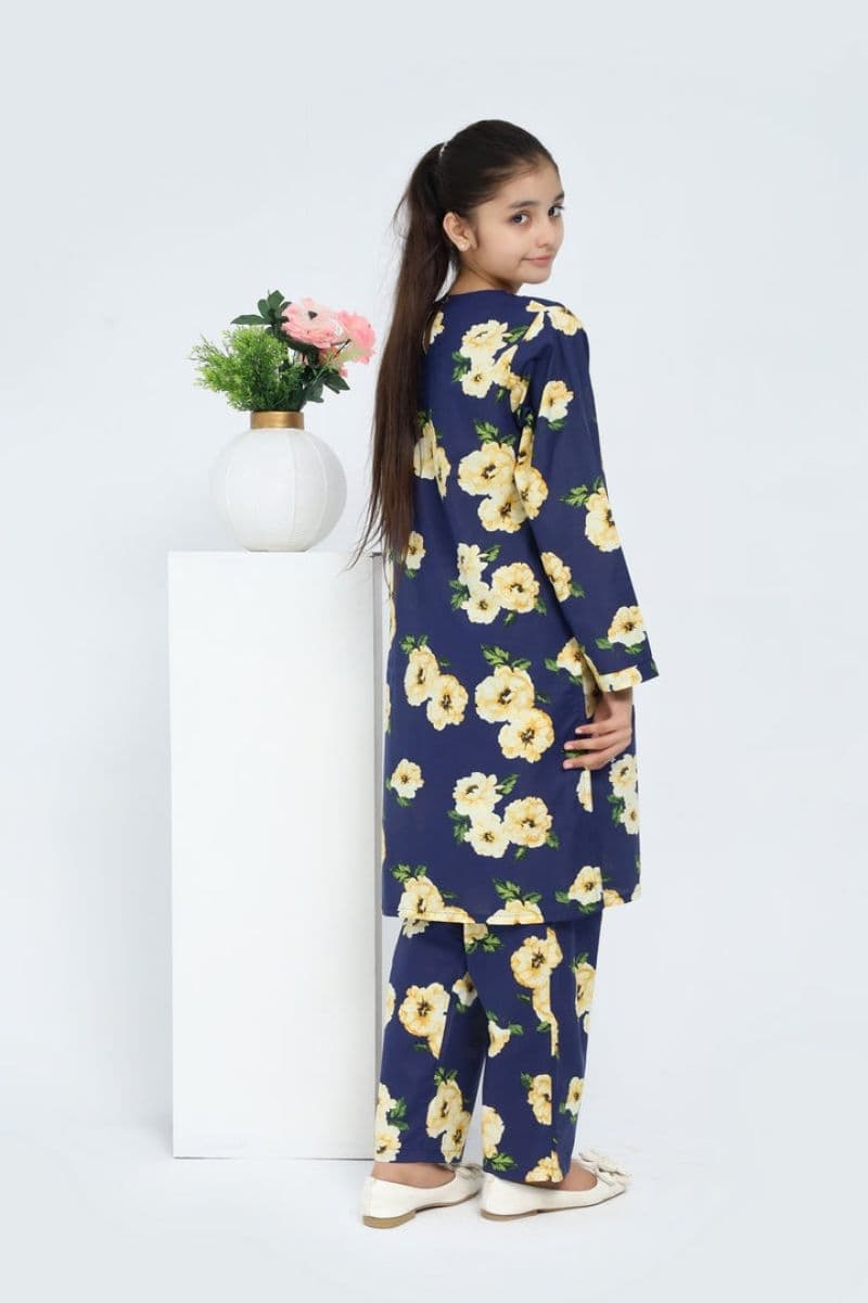 Plum 100% Cotton Lawn Dark Bue Colour Printed Yellow Green Flowers Embroidered Yellow threads On Stitched 2 pc suit for Girls. thumbnail
