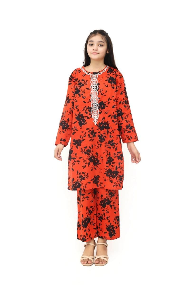 Plum 100% Cotton Lawn Rust Colour Printed Black Flowers Embroidered White threads On Stitched 2 pc suit for Girls. thumbnail