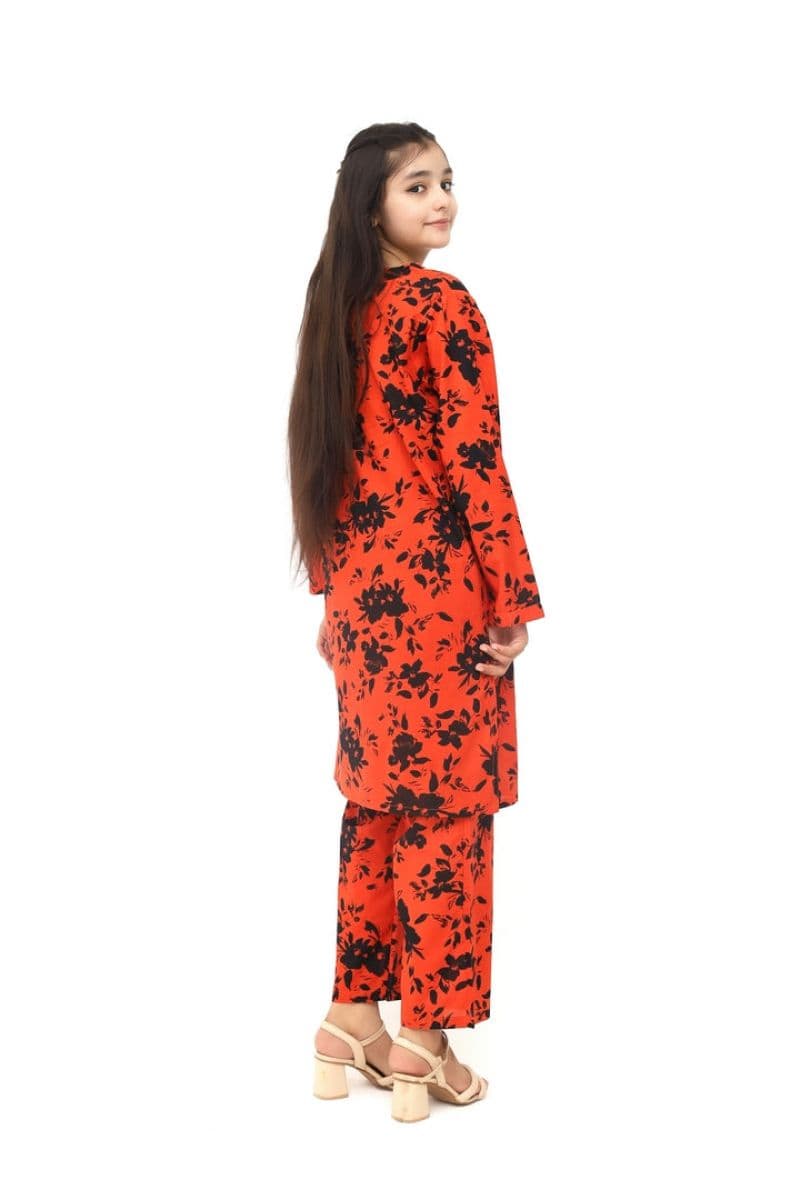 Plum 100% Cotton Lawn Rust Colour Printed Black Flowers Embroidered White threads On Stitched 2 pc suit for Girls. thumbnail