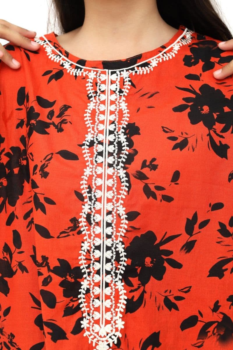 Plum 100% Cotton Lawn Rust Colour Printed Black Flowers Embroidered White threads On Stitched 2 pc suit for Girls. thumbnail
