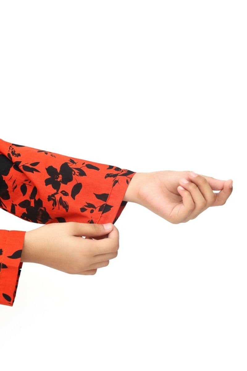 Plum 100% Cotton Lawn Rust Colour Printed Black Flowers Embroidered White threads On Stitched 2 pc suit for Girls. thumbnail