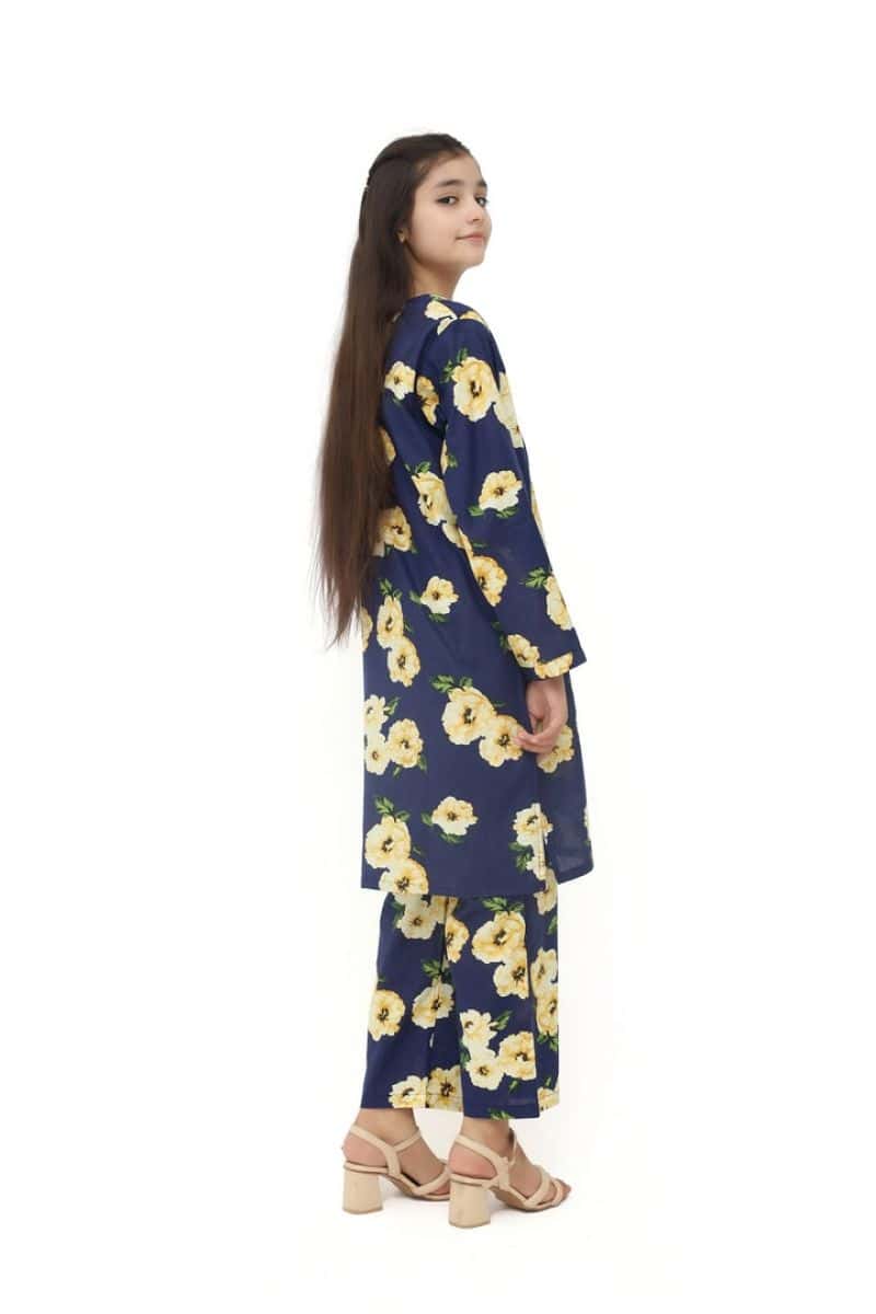 Plum 100% Cotton Lawn Dark Blue Colour Printed Yellow White Flowers Embroidered White threads On Stitched 2 pc suit for Girls. - alternate view